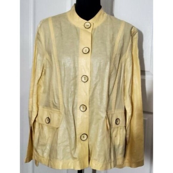 CHICO'S WOMAN SIZE 2 (LARGE) YELLOW  METALLIC LINEN/COTTON BUTTON UP JACKET TOP - Picture 1 of 4